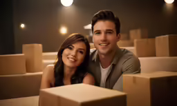 a beautiful young couple sitting next to each other in front of boxes