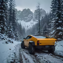 an orange car parked on top of a snowy road