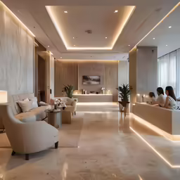 there are people sitting on a long bench in the living room