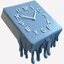this image shows a blue clock that is dripping with words on it