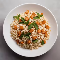 plate full of rice, meat and vegetables garnished with herbs