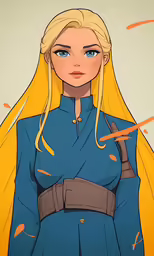 a blonde haired lady in blue is wearing an armor and cape