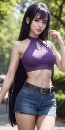 woman wearing blue jean shorts and purple top with long dark hair posing outside