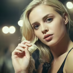 a woman with blonde hair is in black