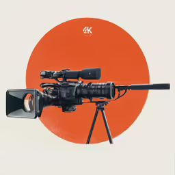a camera with a lens attached to it, and a red sun behind it