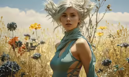 a woman standing in a flowery field with an unimposed head