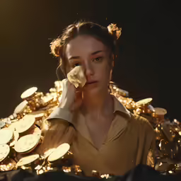 young woman holding a banana standing in front of a pile of gold coins