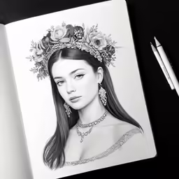 the drawing shows a portrait of a girl with flowers in her hair