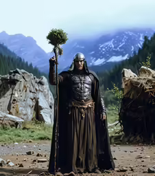 a man dressed in armor and holding some plants