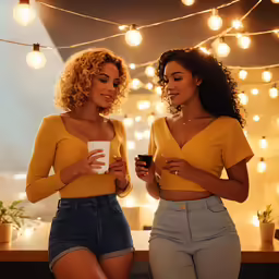 two women are standing together using their cell phones
