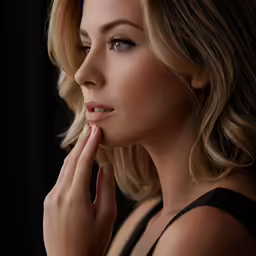 a blond woman poses for a photo with her hand on her lip