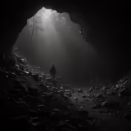 a man is in the middle of the dark cave
