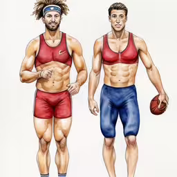 two men with muscular bodybuttons and helmets on their backs,two men in sports gear holding a ball,two men wearing different underwear are standing with basketballs,two men in sports shorts holding a basketball,a drawing of two men in underwear holding basketballs