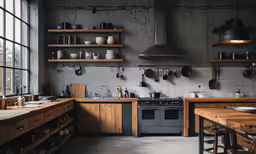 a large kitchen with a stove, sink and shelves