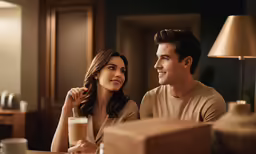 a young man and a young woman smiling while sitting at a table