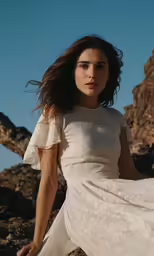 a woman is posing near some rocks wearing a dress