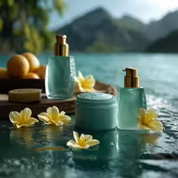 several bottles next to some yellow flowers on a table