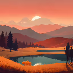 painting of a man riding his horse with the sun in the background,the man and woman are riding horses together