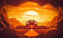 an animation picture with a car driving through a mountain landscape