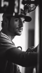 a man wearing a baseball cap holds a camera