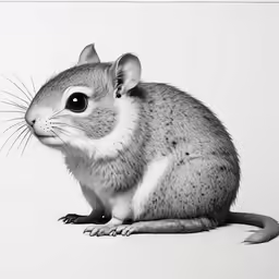 the mouse has a long tail and black eyes