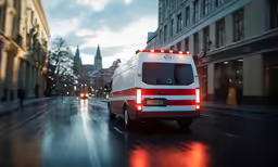 an ambulance is driving down the city street
