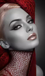 a lady with an elaborate look and hair in a red scarf