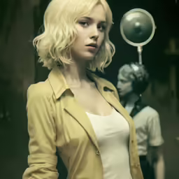 a girl standing near two mannequins, one with her hands on the hips