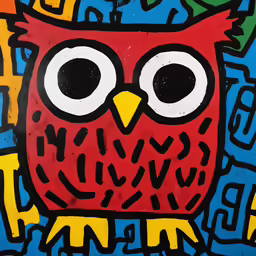 an owl with bright colors on its head sitting on letters