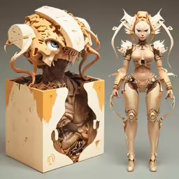 an animated doll and box with an artistic looking female
