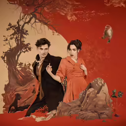 a painting that shows two people on a stage