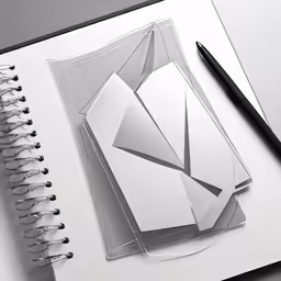 a white notebook sitting on top of a desk next to a pen