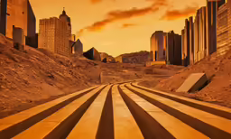 a view of a road surrounded by tall buildings
