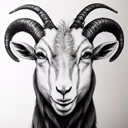 a goat with long horns on a white background