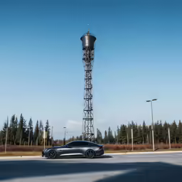 a bmw sedan sits in front of a tower
