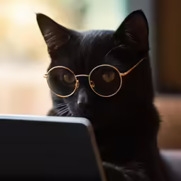 a black cat wearing gold rimmed glasses and looking at the camera