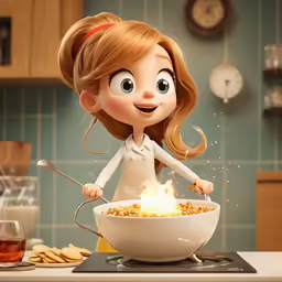 the animated girl is cooking cereal in her kitchen