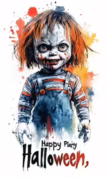 the child with red hair is holding the sign happy play halloween