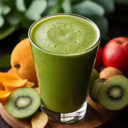 a green beverage sitting in front of sliced fruit