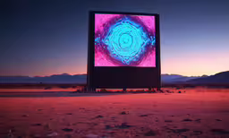a huge display with some designs on it,an abstract painting is displayed on the screen in the middle of the desert