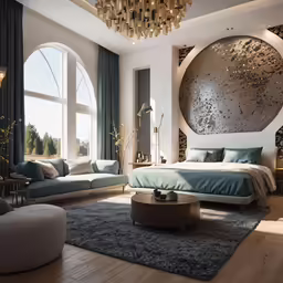 the room has two large round windows in it
