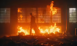 there is a person walking through the fire