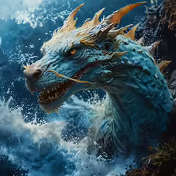 a painting of a blue dragon over a body of water