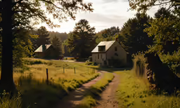a dirt road with two barn buildings in the background