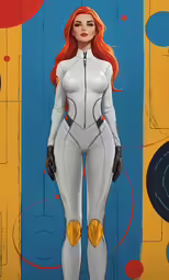 this is an image of a woman with red hair in a futuristic suit