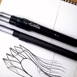 a closeup of some sketches and pens
