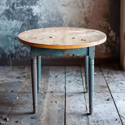 a wooden table that has some sort of blue base