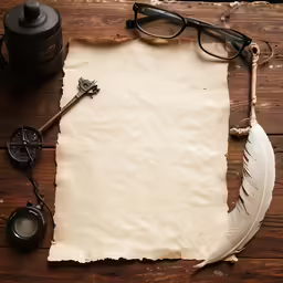 an old fashioned writing paper, inkwell and feather