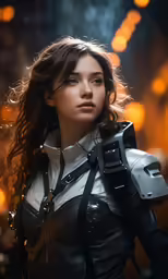 a woman wearing an futuristic outfit with a belt around her neck