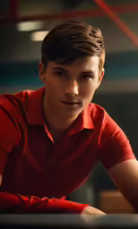 young man in red shirt poses for a photo